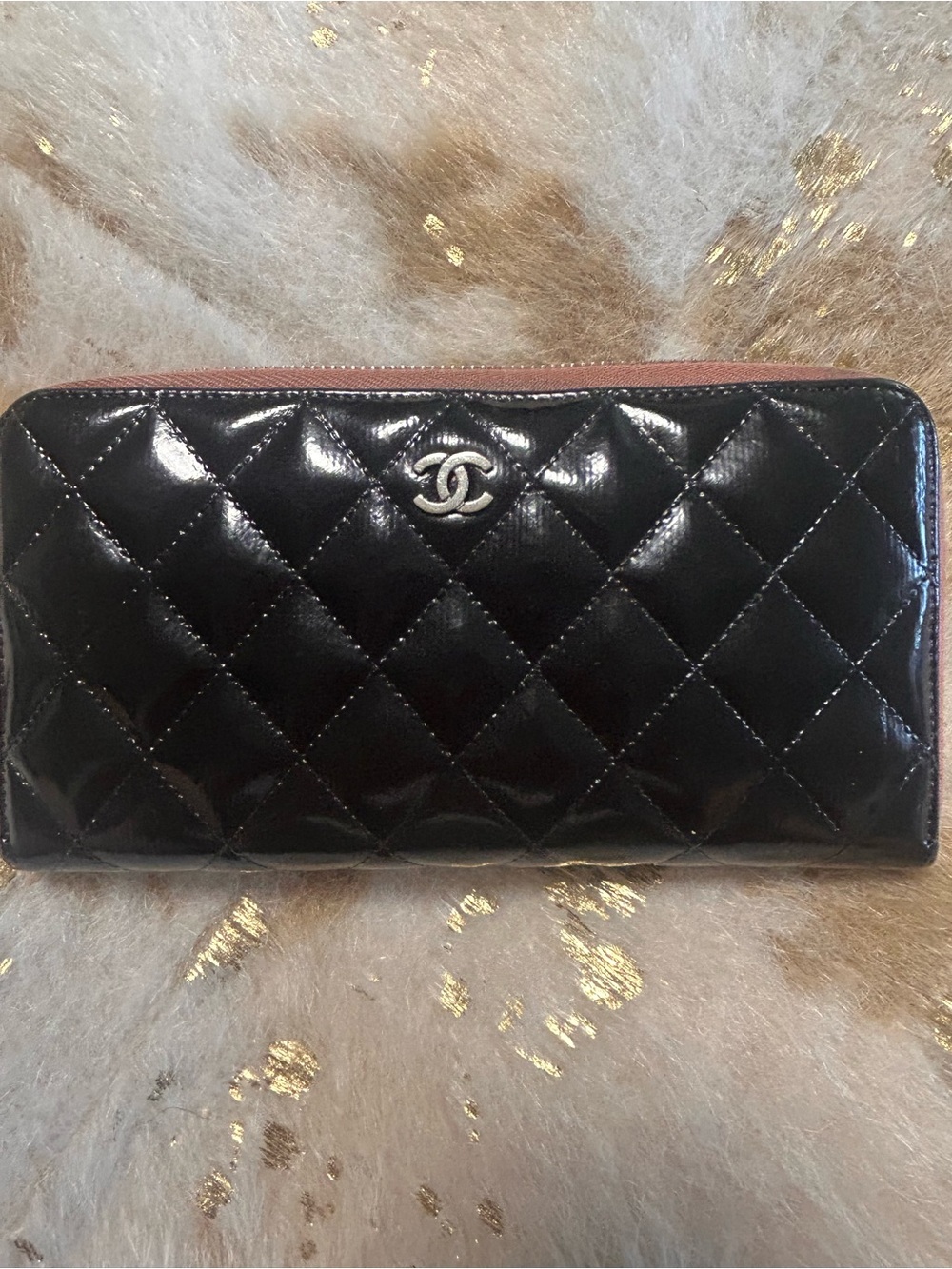 CHANEL Black Quilted Patent Leather Zip-Around Wallet with Silver CC